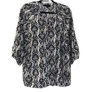 Fred David~2XL~Women's Top Navy Blue Paisley Sheer 3/4 Sleeve Blouse